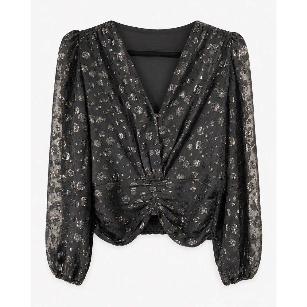 Heartloom Blouse Women Medium Black Metallic Dot Sheer V Neck Ruched Party Top